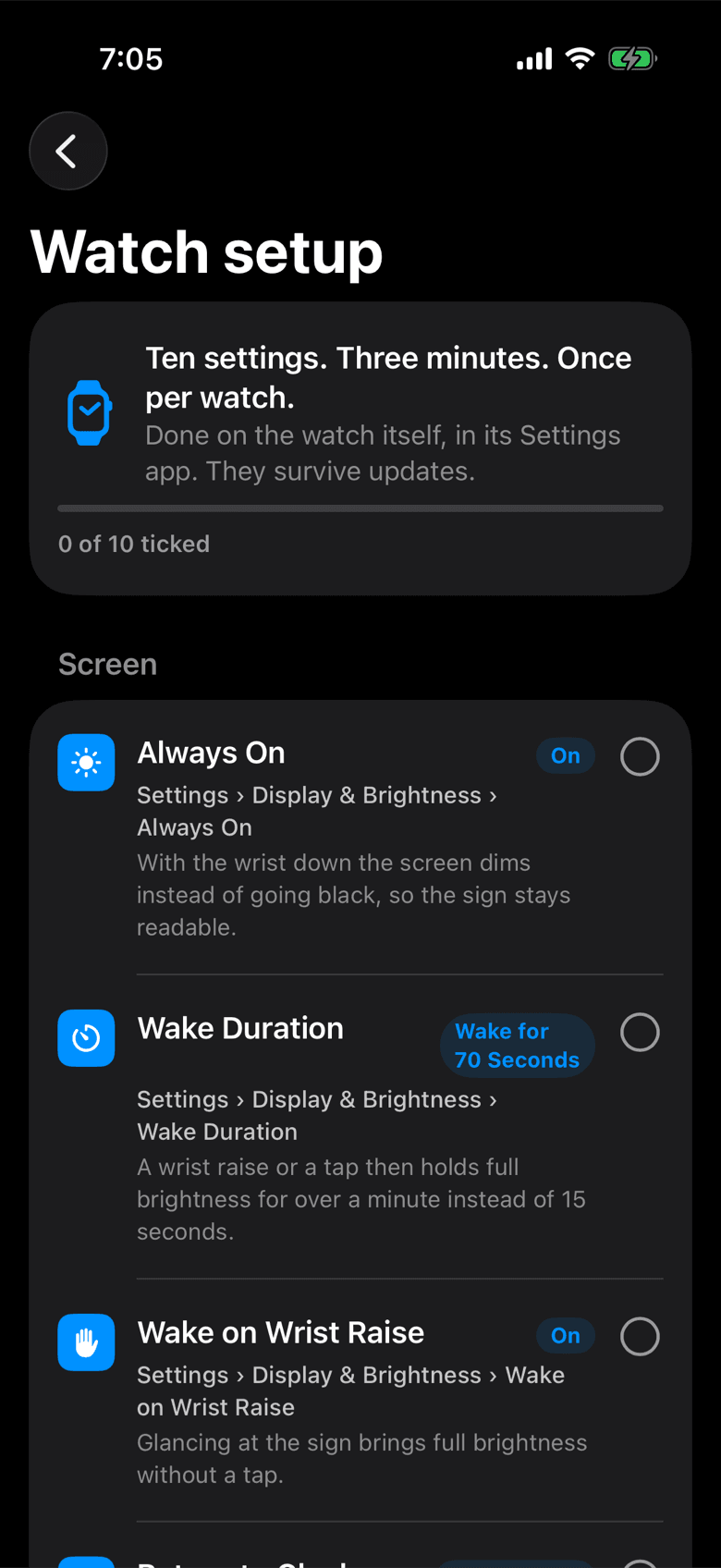Watch setup checklist listing Always On, Wake Duration and Wake on Wrist Raise with the exact Settings path for each